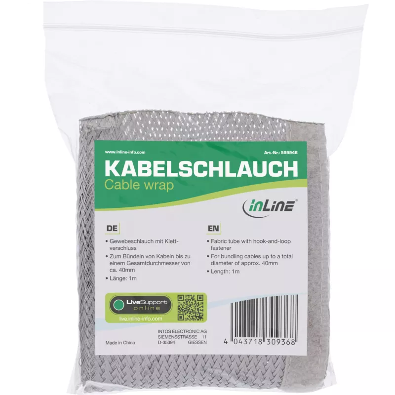 InLine Kabelkanal aus Stoff mit Klettverschluss, 1 m x 40 mm, Grau
