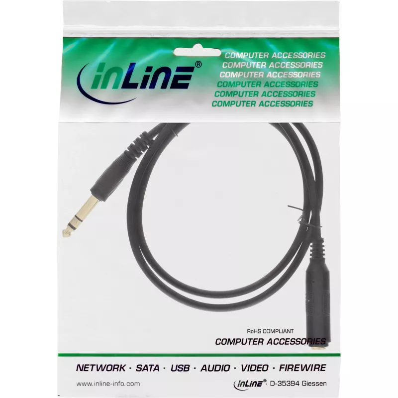 InLine Kopfhörer-Verlängerungskabel 6,3mm Stereo M/F, vergoldet, schwarz, 3m