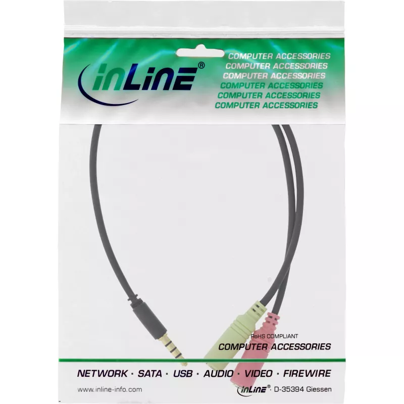 InLine Audio Headset Adapterkabel 3,5 mm Stecker 4-polig / 2x 3,5 mm, schwarz, 2 m