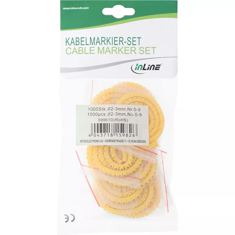 InLine Kabelmarkierer 3,0 mm bis 5,2 mm Nr. 0-9 1000 Stk., Gelb, 3 mm, 98 g, 120 mm, 310 mm, 26 mm