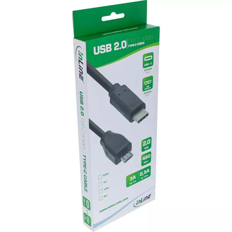 InLine USB 2.0 Kabel, USB-C Stecker / Micro-B Stecker, schwarz, 2m