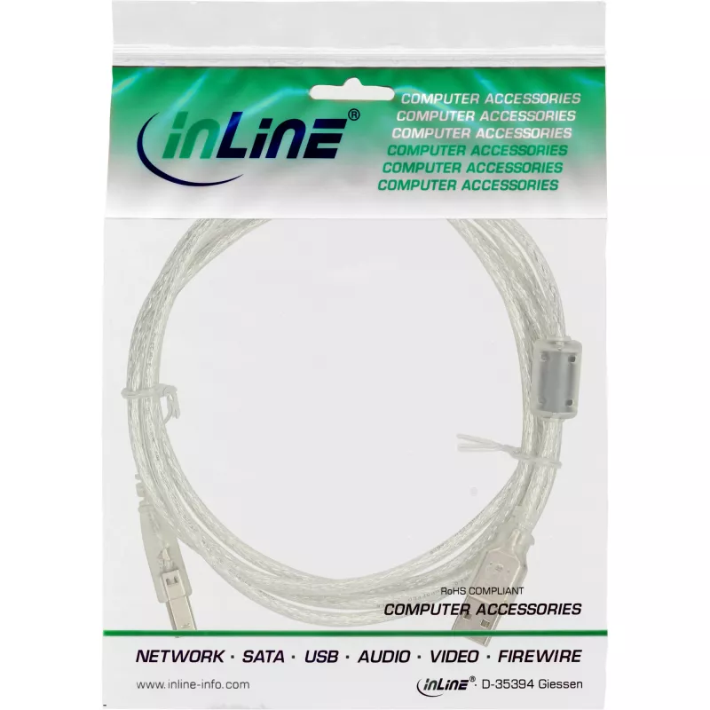 InLine USB 2.0 Kabel Typ A Stecker / B Stecker transparent, Ferritkern, 3m