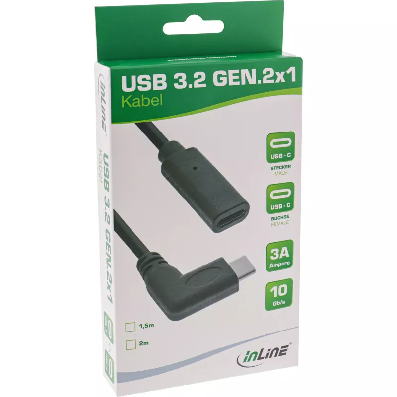 USB 3.2 Gen.1x2 Kabel InLine 35782 USB-C Stecker abgewinkelt / Buchse schwarz 2m