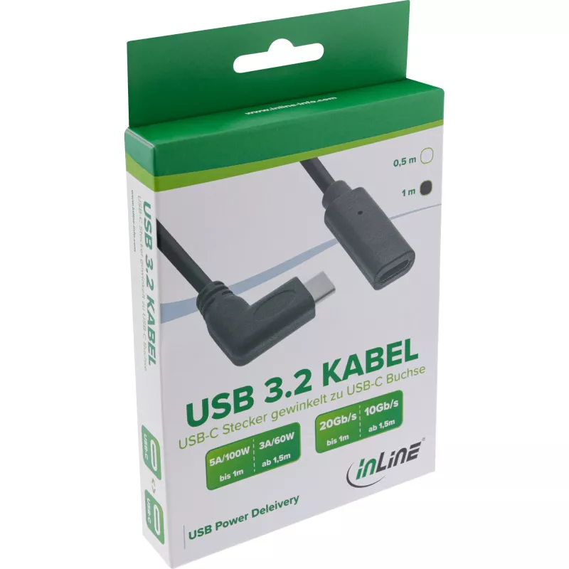 InLine USB 3.2 Gen.2x2 Kabel, USB-C Stecker gewinkelt / Buchse, Schwarz, 0,5 m (35786)