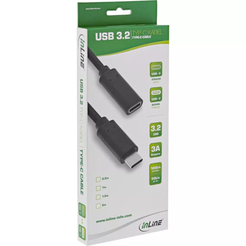 InLine USB 3.2 Gen.1x2 Verlängerungskabel, USB-C Stecker/Buchse, schwarz, 1,5m