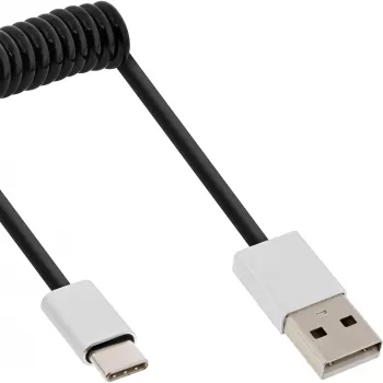 InLine USB 2.0 Spiralkabel, USB-C Stecker / USB-A Stecker, schwarz/alu, flexibel, 0,5 m