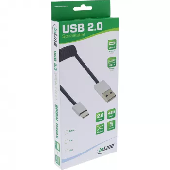 InLine USB 2.0 Spiralkabel, USB-C Stecker / USB-A Stecker, schwarz/alu, flexibel, 0,5 m