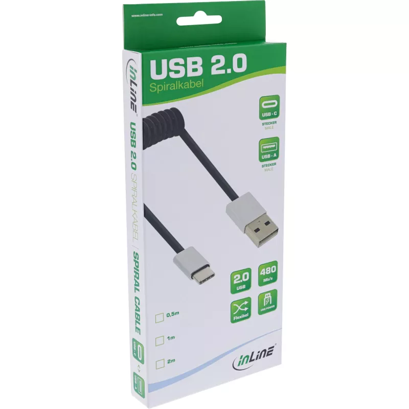 InLine USB 2.0 Spiralkabel, USB-C Stecker / USB-A Stecker, schwarz/alu, flexibel, 1 m