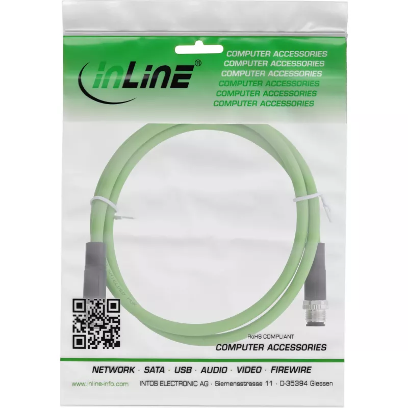 InLine Industrie-Netzwerkkabel, M12 4-polig D-kodiert Stecker/Stecker, PUR 10m