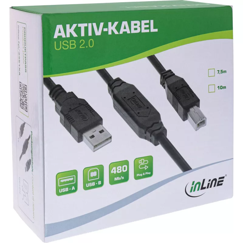 InLine USB 2.0 Aktivkabel, USB-A Stecker auf USB-B Stecker, 10m