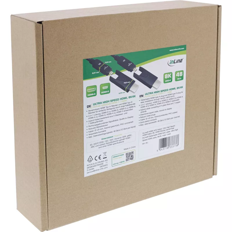 InLine HDMI AOC Kabel, Ultra High Speed HDMI, 8K4K, abnehmbarer Stecker, 40m