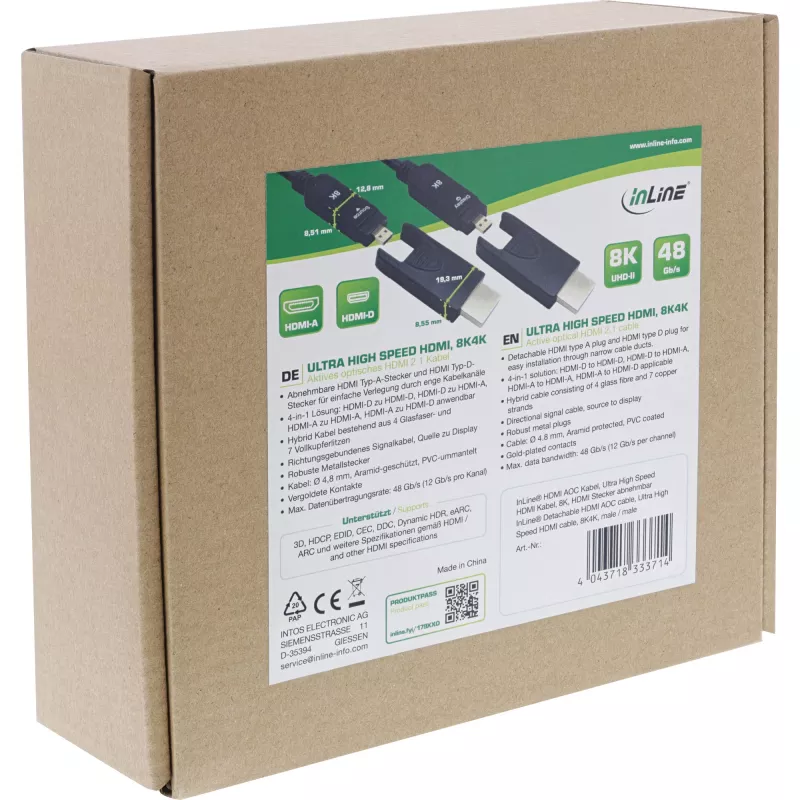 InLine HDMI AOC Kabel, Ultra High Speed HDMI, 8K4K, abnehmbarer Stecker, 15m
