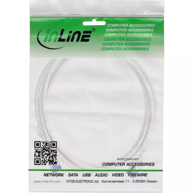 InLine 74901W Slim Patchkabel, Cat.6A, S/FTP, TPE (LSZH), flexibel, PoE, weiß, 1 m