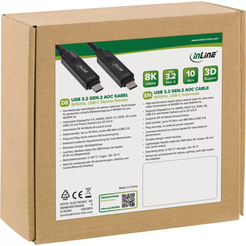 USB 3.2 Gen.2 AOC Kabel InLine 35793I 8K60Hz 60W optisches Aktivkabel