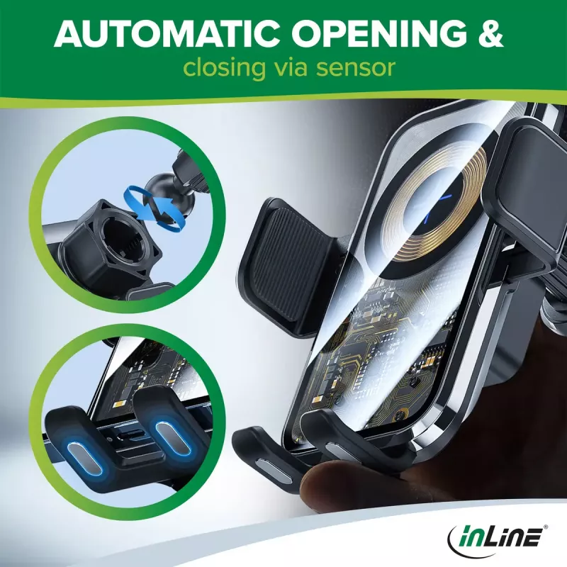 InLine ONE TOUCH QI 2 KFZ-Smartphone-Halterung mit Wireless Charger, universal