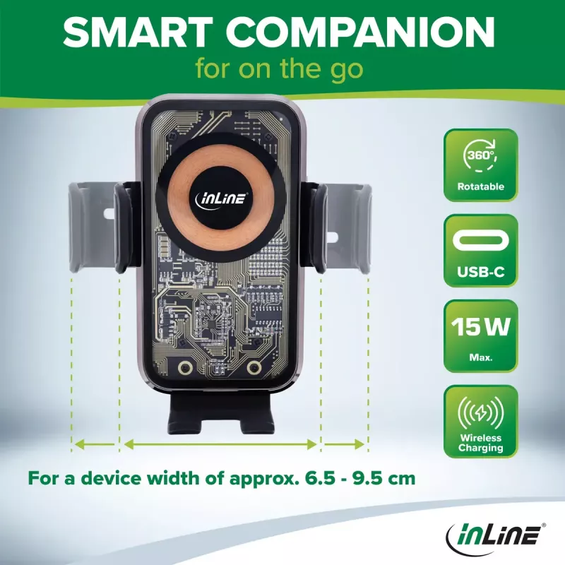 InLine ONE TOUCH QI 2 KFZ-Smartphone-Halterung mit Wireless Charger, universal