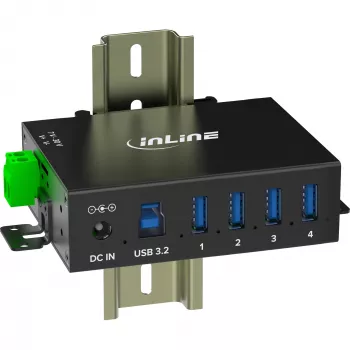 InLine 35396A USB-3.2-Gen-1-Industrie-Hub, 4x USB-A, USB-B-Host-Anschluss, 5 Gbit/s, Aluminiumgehäuse, schwarz, mit Netzteil