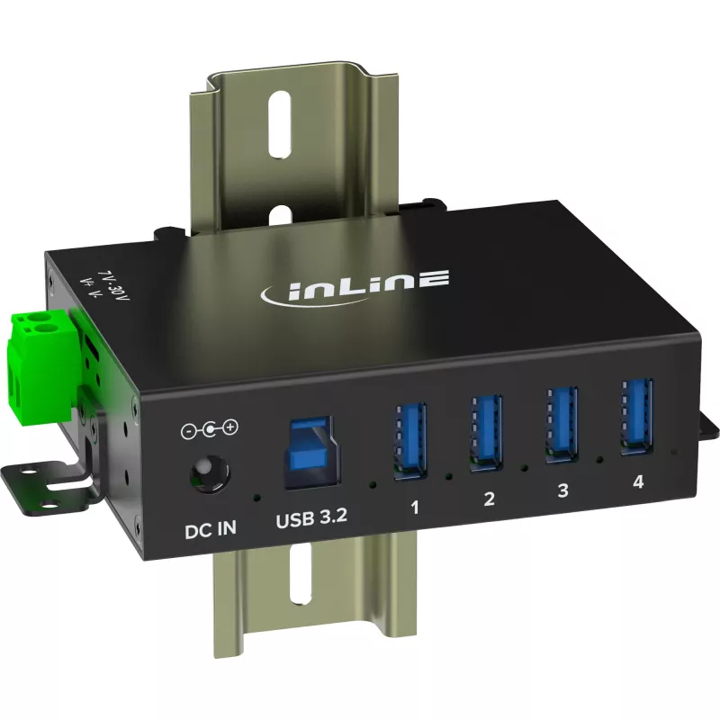 InLine 35396A USB-3.2-Gen-1-Industrie-Hub, 4x USB-A, USB-B-Host-Anschluss, 5 Gbit/s, Aluminiumgehäuse, schwarz, mit Netzteil