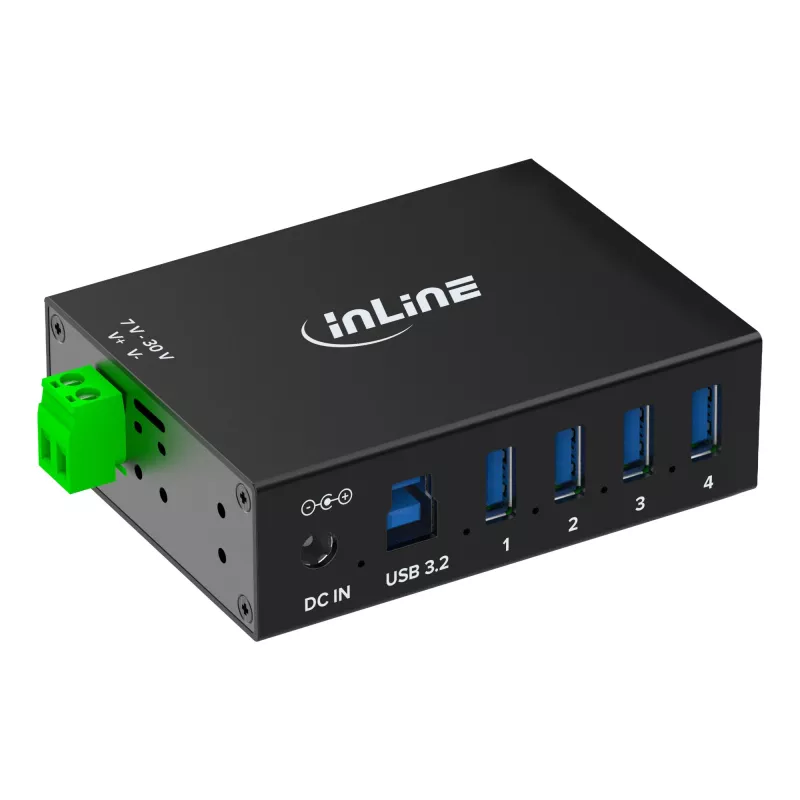 InLine 35396A USB-3.2-Gen-1-Industrie-Hub, 4x USB-A, USB-B-Host-Anschluss, 5 Gbit/s, Aluminiumgehäuse, schwarz, mit Netzteil