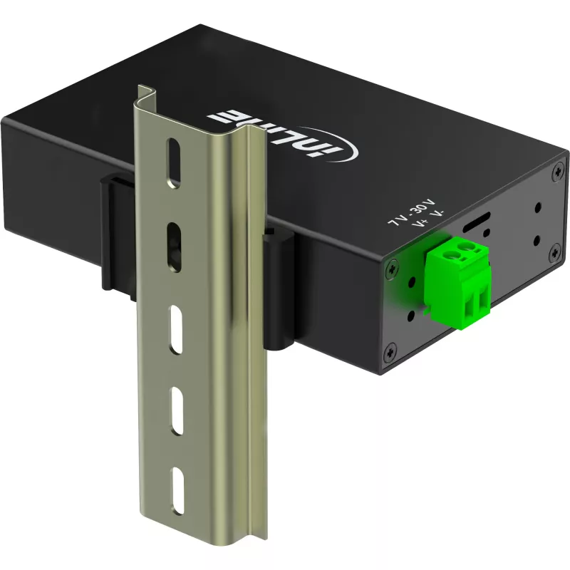 InLine 35396A USB-3.2-Gen-1-Industrie-Hub, 4x USB-A, USB-B-Host-Anschluss, 5 Gbit/s, Aluminiumgehäuse, schwarz, mit Netzteil