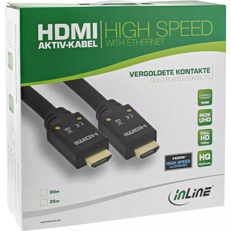 InLine HDMI-Aktivkabel, HDMI-High Speed mit Ethernet, M/M, Nylongeflecht, 20 m