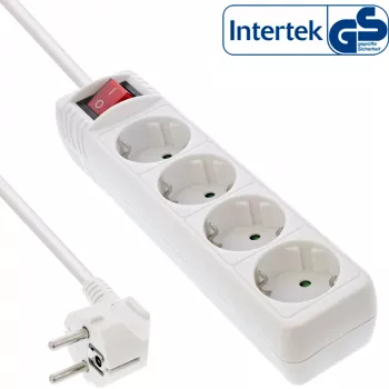InLine Steckdosenleiste, 4-fach Schutzkontakt CEE 7/3, mit Schalter, weiß, 5 m