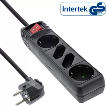InLine Steckdosenleiste, 4-fach, 2x CEE7/3 + 2x Euro CEE 7/16, schwarz, 5m