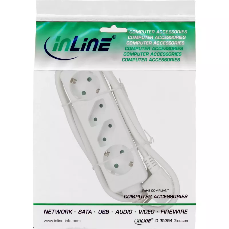 InLine Steckdosenleiste, 4-fach, 2x CEE7/3 + 2x Euro CEE 7/16, weiß, 5m