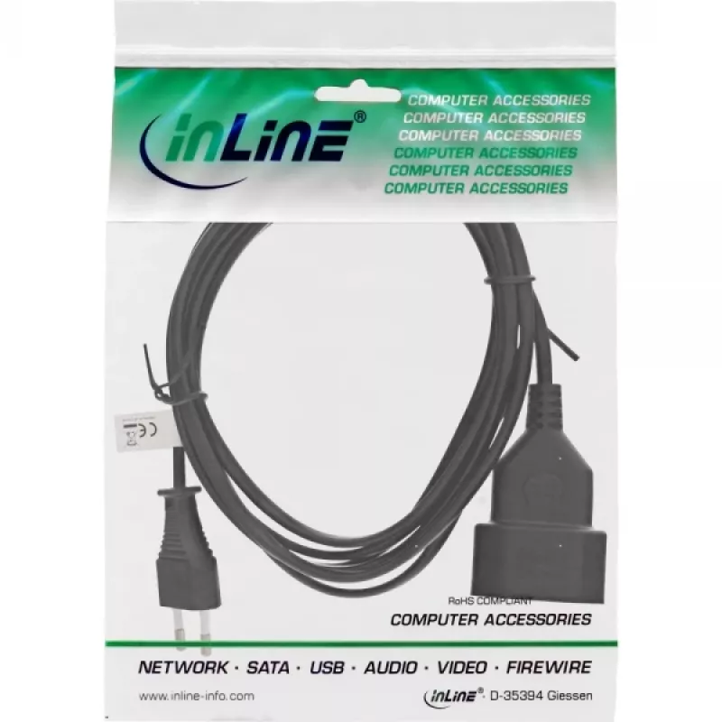 InLine Euro-Stecker Typ C Stromverlängerung Stecker/Buchse, schwarz, 3m