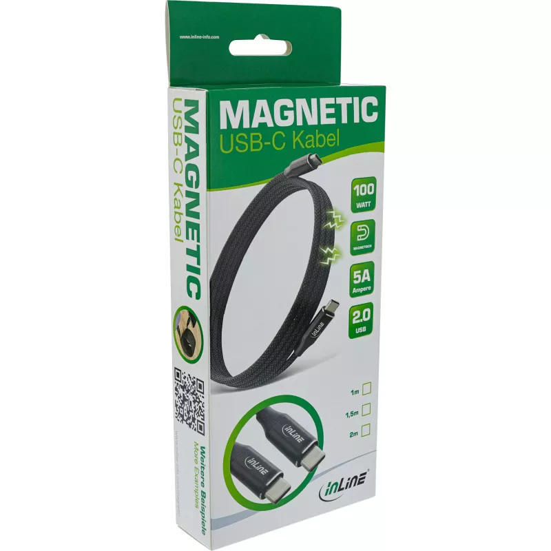 InLine Magnetisches USB-C-Kabel, USB-C Stecker/Stecker, 100W, schwarz, 1,5m