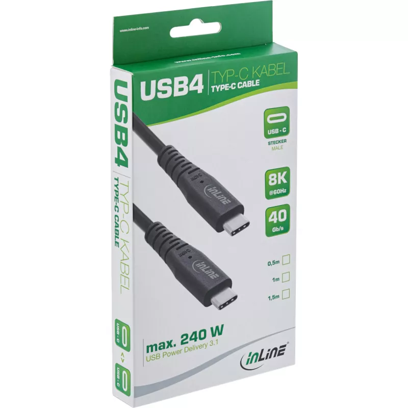 USB4-Kabel InLine USB-C Stecker auf USB-C Stecker, USB4 Gen 3x2, 40 Gbit/s, PD 240W, 8K@60Hz, TPE, 2 m