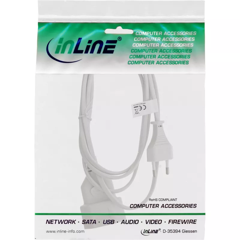 InLine Euro Typ C Stecker Stromverlängerung Stecker / Buchse, weiß, 3m