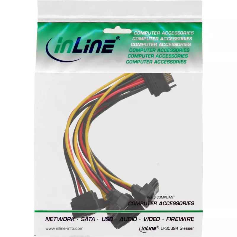 InLine SATA Power 1 auf 4 Kabel Buchse / 4x SATA Stecker abgewinkelt mit Verriegelungen 0,30 m