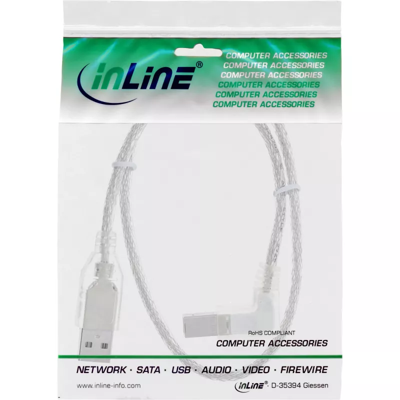 InLine USB 2.0 Kabel, gewinkelt, Typ A Stecker / B Stecker, transparent, 1 m