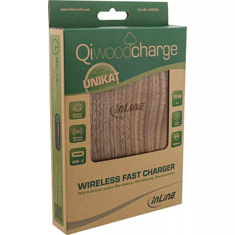 InLine Qi woodcharge, kabelloses Schnellladegerät, 5/7,5/10W/15W, USB-C
