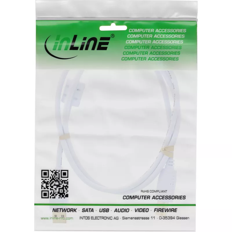 InLine USB 2.0 Kabel Typ A Stecker / B Stecker, vergoldet, mit Ferrit, weiß, 3 m