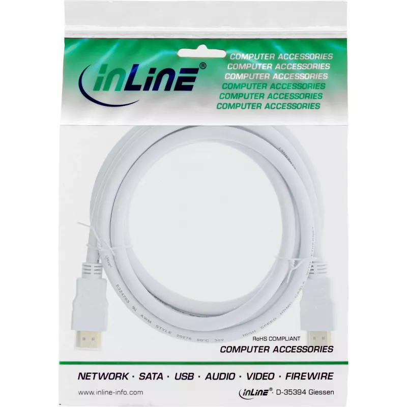 InLine High Speed HDMI-Kabel mit Ethernet, M/M, weiß, vergoldete Kontakte, 1,5m