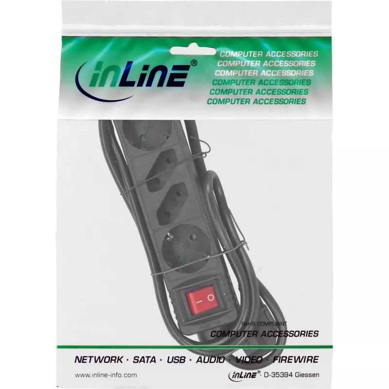 InLine Steckdosenleiste, 4-fach, 2x CEE7/3 + 2x Euro CEE 7/16, schwarz, 3 m
