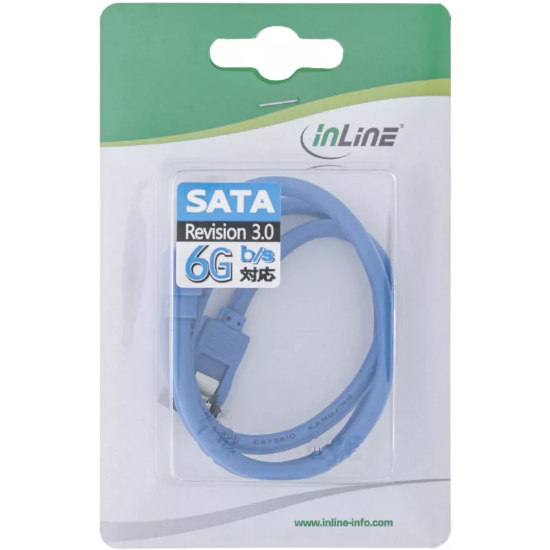 InLine SATA 6Gb/s Rundkabel blau abgewinkelt 90° mit Verriegelungen 0,5m
