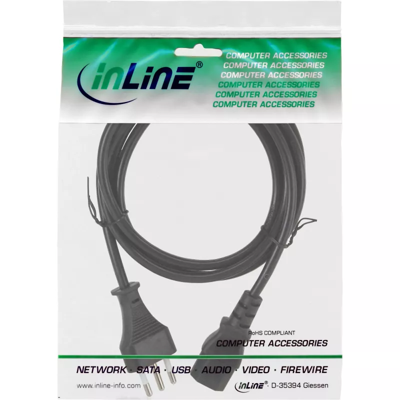 Netzkabel InLine Italien (CEE 7/7) auf 3‑polig IEC C13, 0,5 m, 250 V 10 A