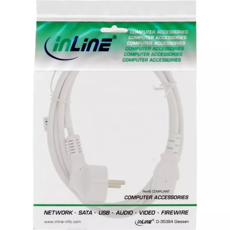InLine Netzkabel, CEE 7/7 gewinkelt / 3-polig IEC C13 Stecker, weiß, 3 m