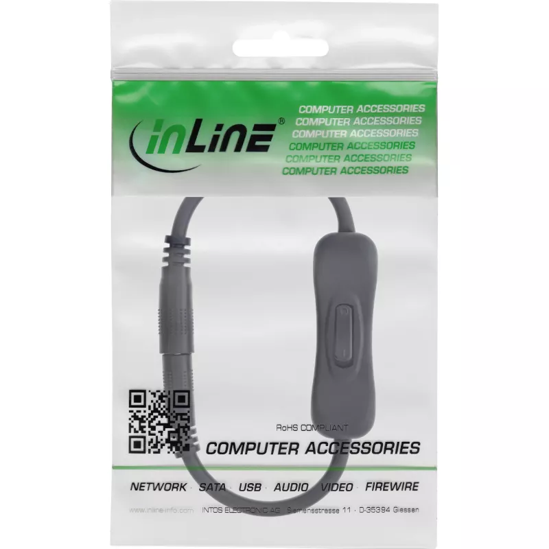 InLine DC-Kabel mit Schalter, DC Stecker/Buchse 4,0x1,7 mm, AWG 18, schwarz, 0,20 m