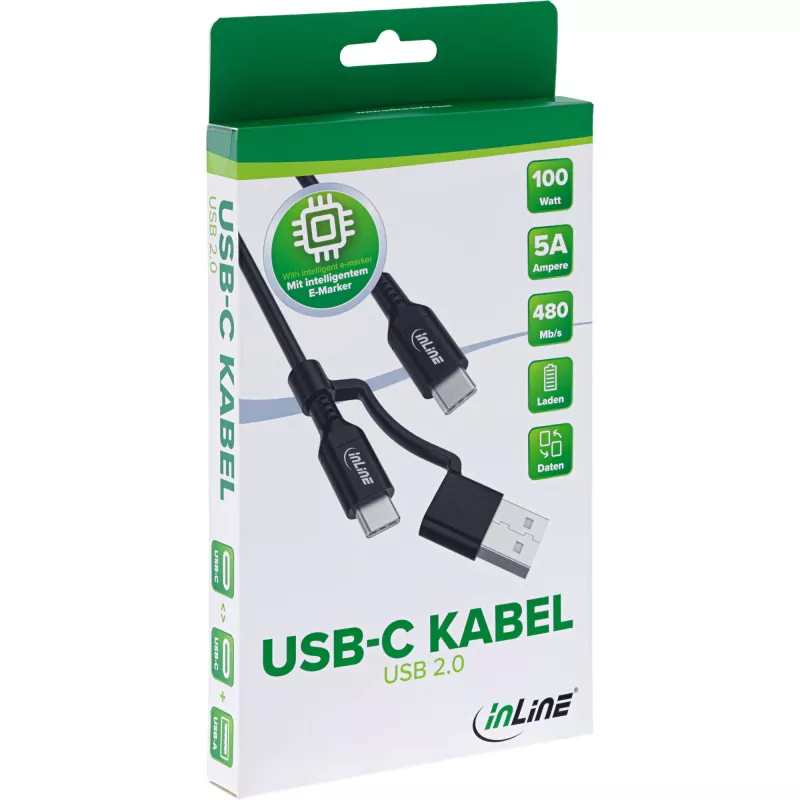 InLine 2-in-1 USB-C-Kabel + USB-A-Adapter, USB 2.0, 100W, TPE, schwarz, 2m
