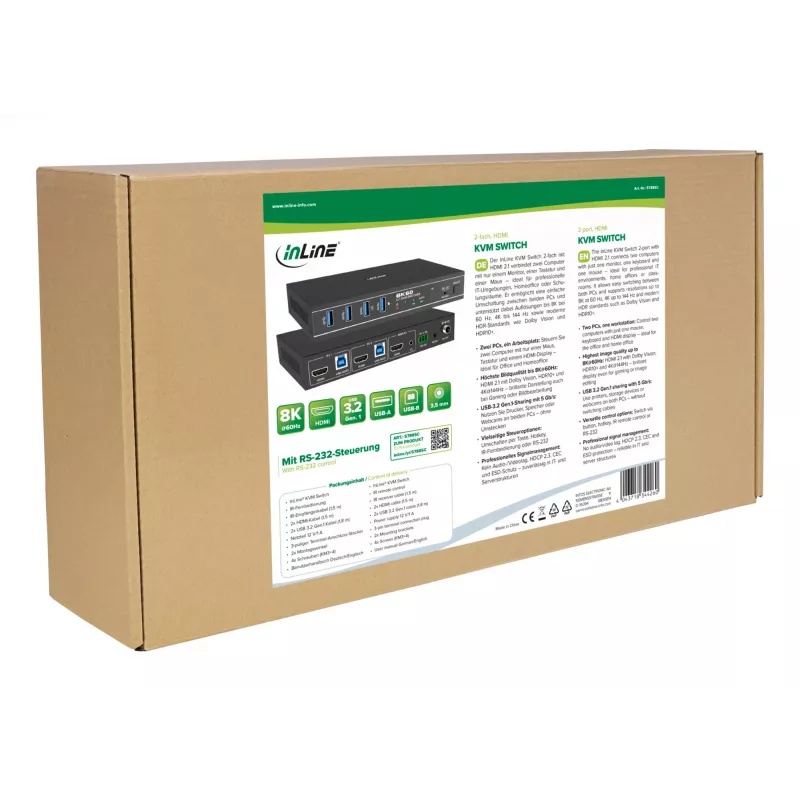 InLine 57885C KVM-Switch, 2-Port, HDMI, 8K@60Hz, USB 3.2, mit IR & RS-232