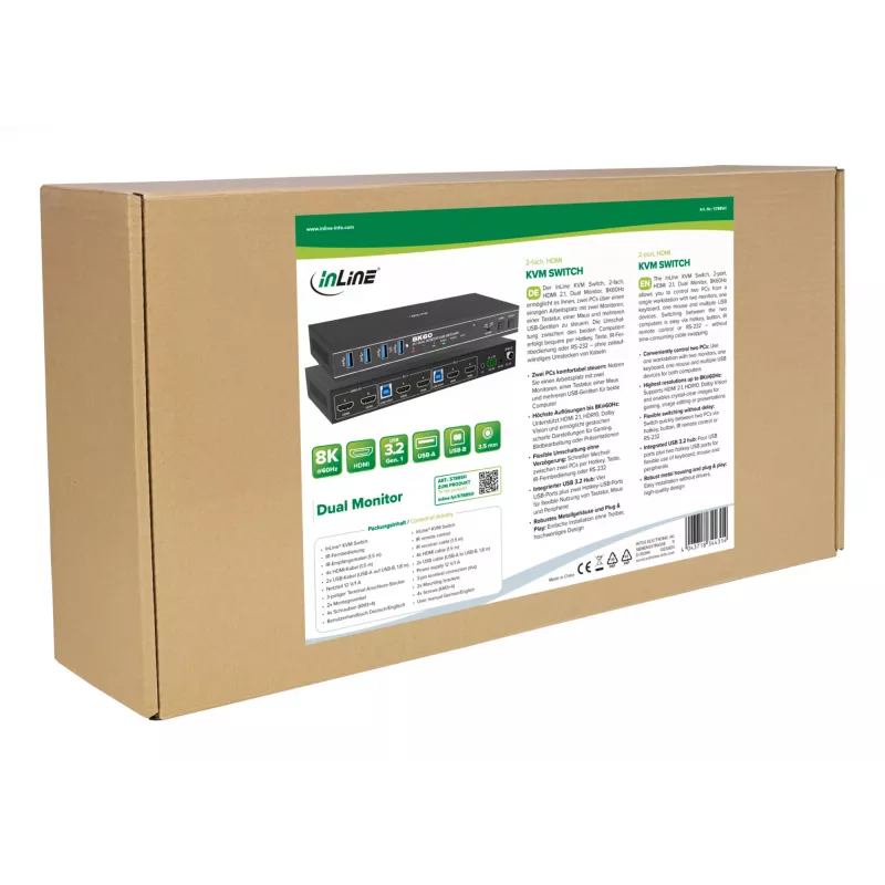InLine 57885H KVM-Umschalter, 2-fach, HDMI, Dual-Monitor, 8K60Hz, USB-Hub, schwarz