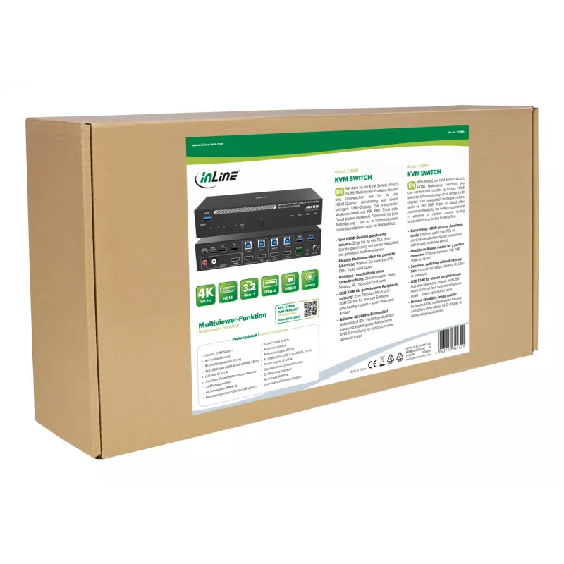 InLine 57885I KVM-Switch, 4-fach, HDMI, 4K60Hz, Multiviewer, USB-Hub, schwarz