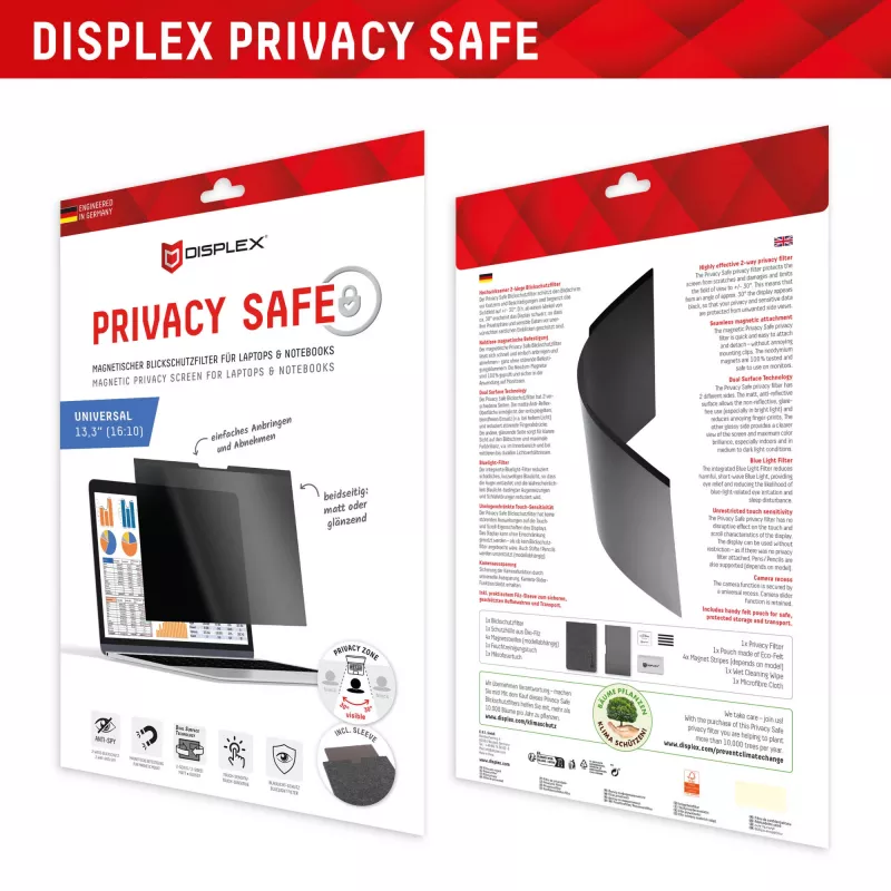 Privatsphärefilter Displex PRIVACY SAFE magnetisch 2-Wege für Laptop/Notebook 13,3 Zoll (16:10), rahmenlos, glänzend/matt, 5H