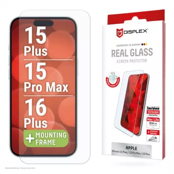 Displex Displayschutzfolie (10H) für Apple iPhone 15 Plus/15 Pro Max/16 Plus, Eco-Montagerahmen, kratzfest