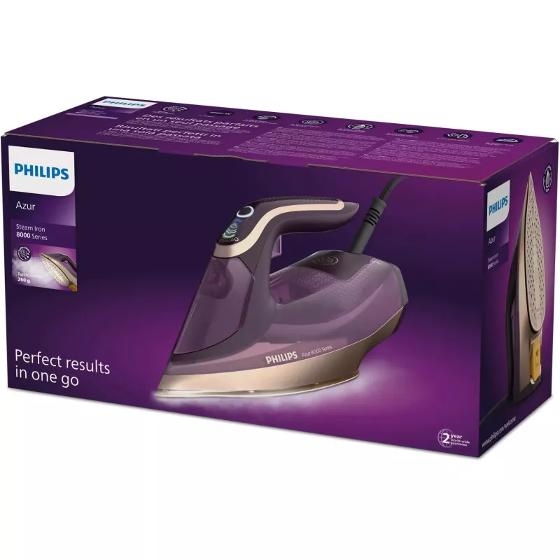 Philips DST8040/30 Azur 8000 Series Dampfbügeleisen, 3000 W, 0,35 L Tank, SteamGlide Elite Bügelsohle, Vertikaldampf, 80 g/min, 260 g/min Dampfstoß, Dunkelviolett