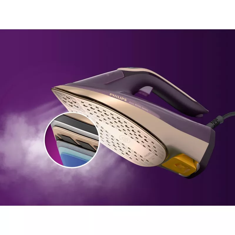 Philips DST8040/30 Azur 8000 Series Dampfbügeleisen, 3000 W, 0,35 L Tank, SteamGlide Elite Bügelsohle, Vertikaldampf, 80 g/min, 260 g/min Dampfstoß, Dunkelviolett